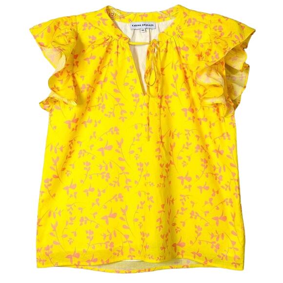 Karina Grimaldi Women's V Neck Tassel Flutter Sleeve Floral Top Bright Yellow XS - Picture 1 of 11